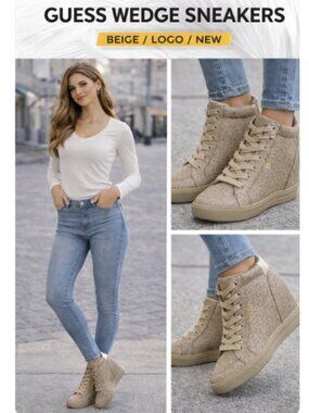 Guess Wedge Sneakers Women Beige Logo Monogram High Top Hidden Heel Shoes New